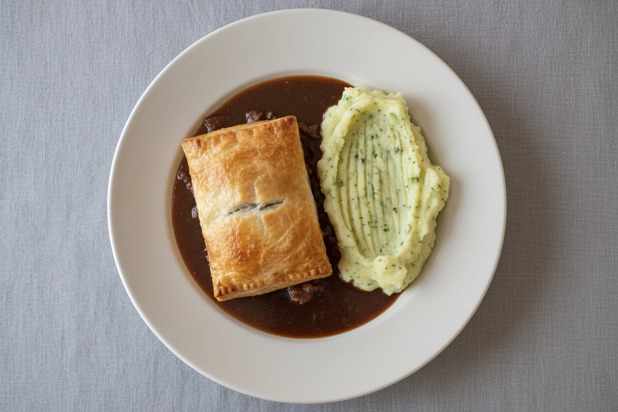 Steak and Ale Pie with Mashed Potato garnished with Parsley 400g