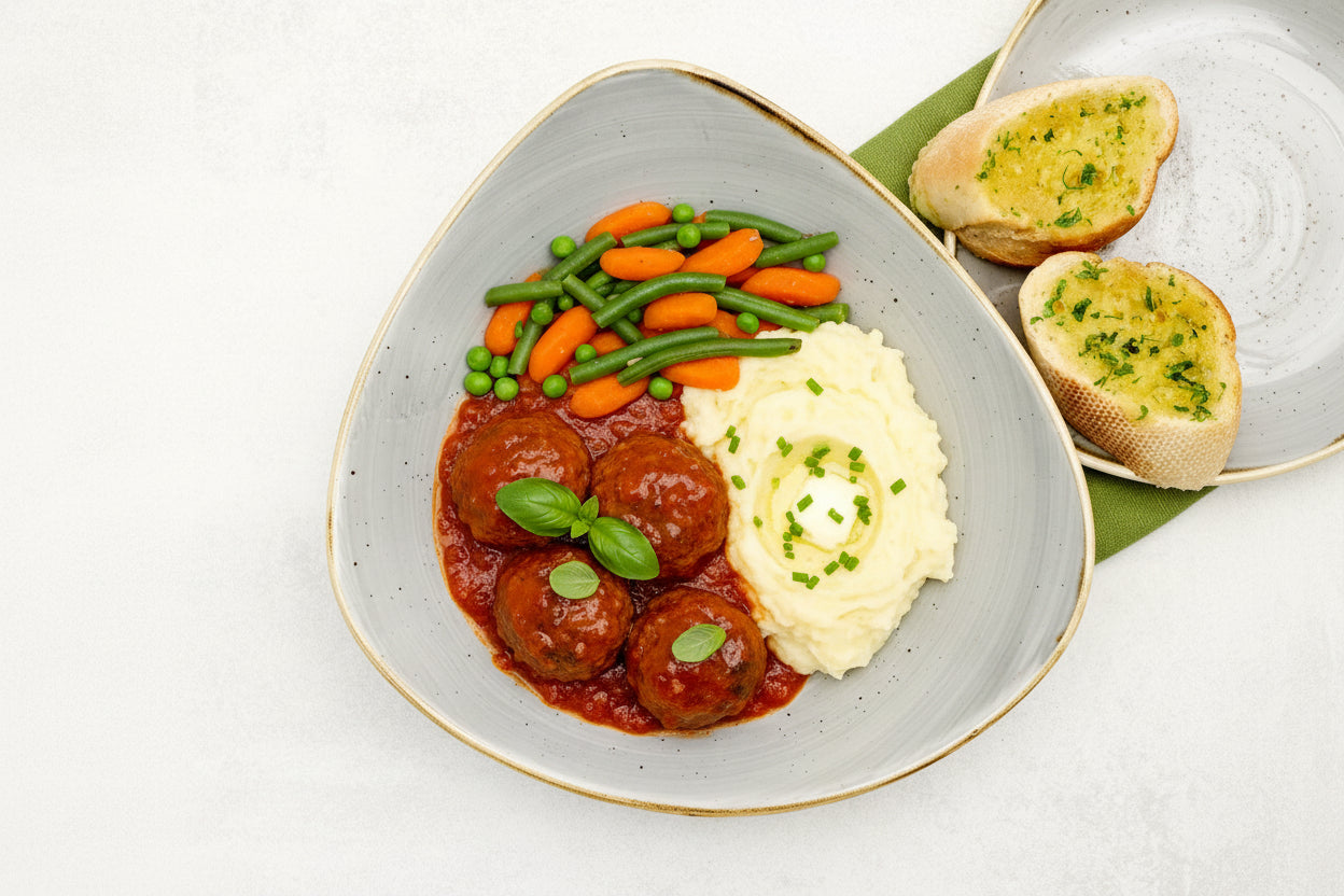 Pork Meatballs in Tomato Sauce with Creamy Potato Mash and Veg Medley 400g