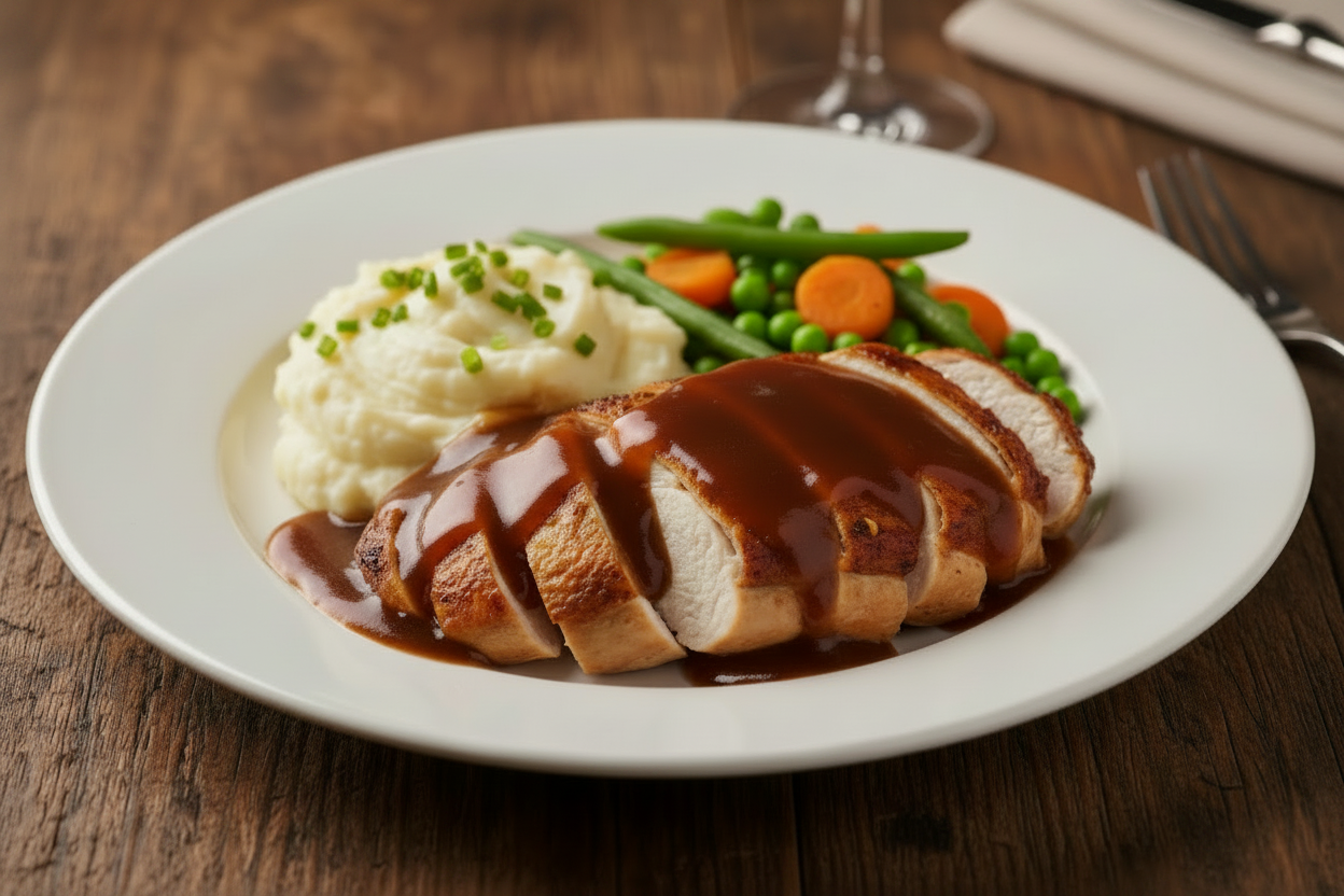 Chicken Breast in gravy with mash and veg
