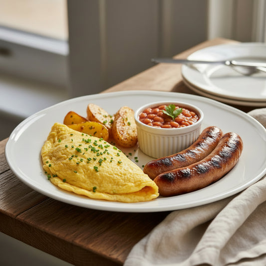 All Day Breakfast- Omlette, Sausage, Baked Beans and Hash Brown