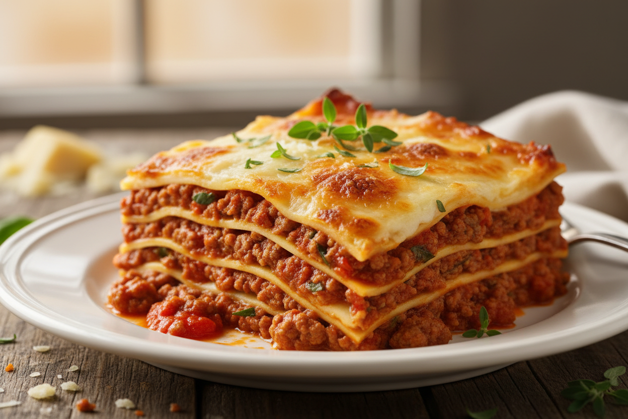 beef lasagna on a plate