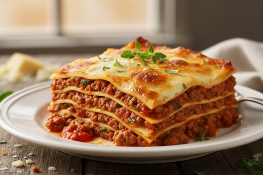 beef lasagna on a plate